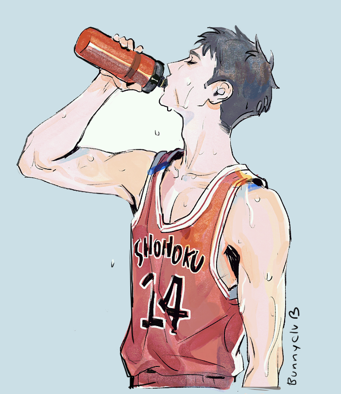 1boy adam&#039;s_apple arm_up bare_shoulders basketball_jersey black_hair blue_background bottle bunnyclvb closed_eyes collarbone commentary cropped_torso drinking head_back holding holding_bottle male_focus mitsui_hisashi pectoral_cleavage pectorals profile romaji_text short_hair sideburns slam_dunk_(series) sleeveless solo sweat twitter_username very_sweaty water_bottle