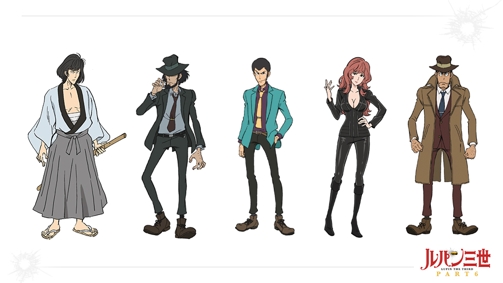 1girl 4boys arm_hair arsene_lupin_iii belt black_bodysuit black_eyes black_hair black_headwear black_jacket black_pants blue_neckwear bodysuit boots bread breasts brown_footwear brown_headwear brown_jacket brown_neckwear brown_pants brown_vest reference_sheet cigarette cleavage food green_jacket hakama hakama_skirt hand_on_own_hip hand_up holding holding_cigarette holding_sword holding_weapon ishikawa_goemon_xiii jacket japanese_clothes jigen_daisuke katana large_breasts latex latex_bodysuit lipstick long_hair looking_at_viewer lupin_iii lupin_iii_part_6 makeup mine_fujiko multiple_boys necktie pants promotional_art purple_shirt red_hair sarashi sheath shirt short_hair simple_background skirt sword vest weapon white_background yellow_neckwear zenigata_kouichi