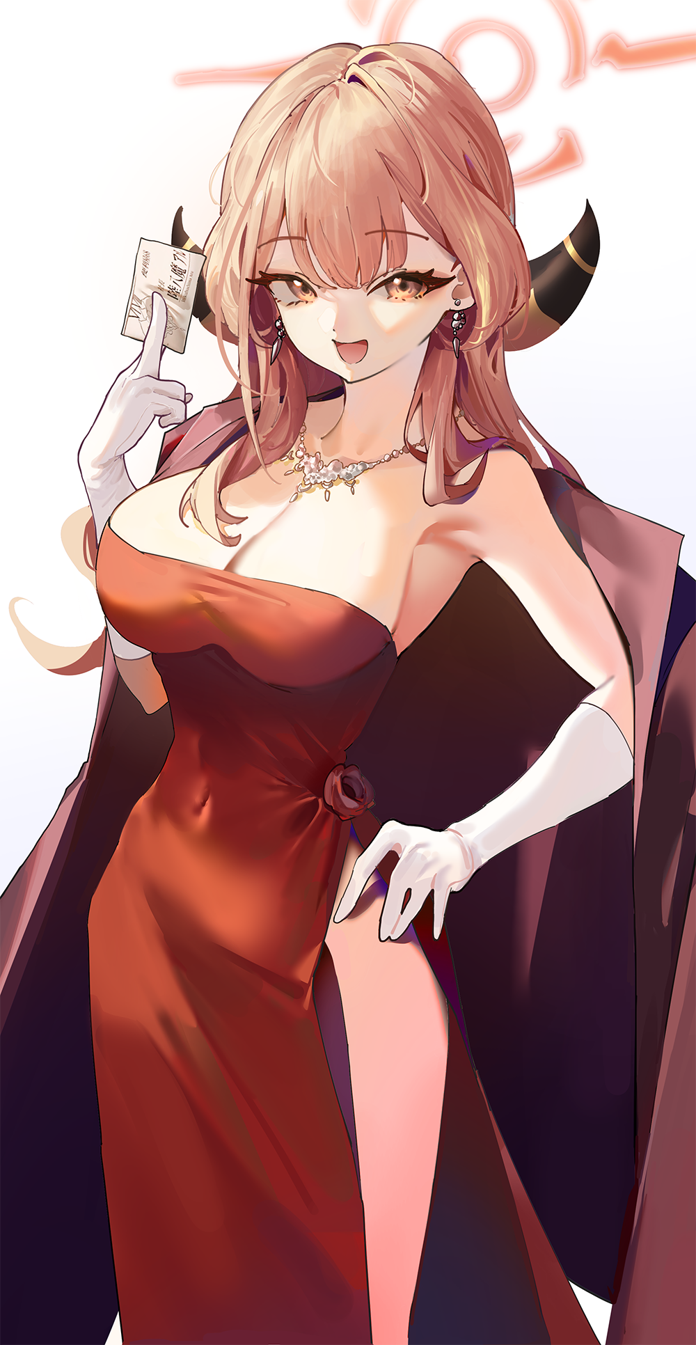 1girl :d aru_(blue_archive) aru_(dress)_(blue_archive) bare_shoulders blue_archive blunt_bangs breasts character_name cleavage commentary cowboy_shot demon_girl demon_horns diamond_necklace dress earrings evening_gown eyelashes gloves hair_over_shoulder halo hand_on_own_hip hand_up happy highres holding holding_paper horns jewelry large_breasts long_hair looking_at_viewer majo_(pastamajo) necklace official_alternate_costume open_mouth paper pink_eyes pink_hair pink_halo red_dress simple_background smile solo strapless strapless_dress white_background white_gloves