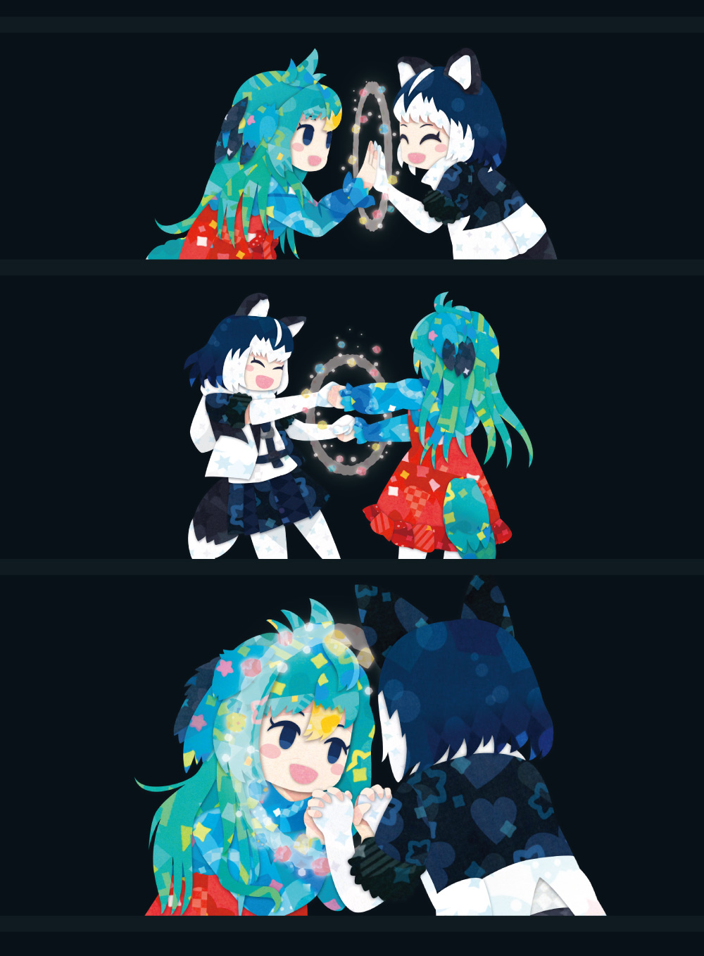 2girls animal_ears bird_girl bird_tail bird_wings black_hair dog_ears dog_girl dog_tail dress elbow_gloves extra_ears fingerless_gloves gloves green_eyes green_hair head_wings highres jacket kemono_friends kikuchi_milo long_hair multiple_girls pantyhose resplendent_quetzal_(kemono_friends) short_hair siberian_husky_(kemono_friends) simple_background skirt tail wings