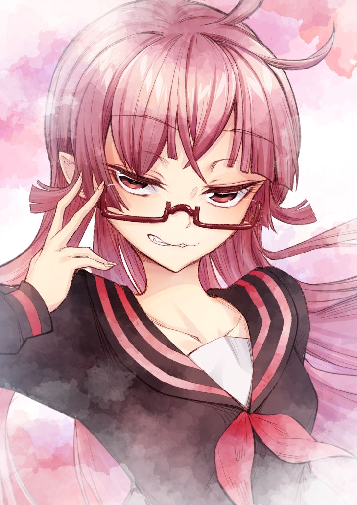 1girl adjusting_eyewear arm_up black_sailor_collar black_serafuku black_shirt cluseller crossed_bangs fang female_focus flat_chest grin half-closed_eyes happy kemurikusa long_hair long_sleeves looking_at_viewer matching_hair/eyes neckerchief pink-framed_eyewear pink_background pink_hair pink_theme pointy_ears red_neckerchief ryoku_(kemurikusa) sailor_collar school_uniform semi-rimless_eyewear serafuku shirt smile solo teeth upper_body