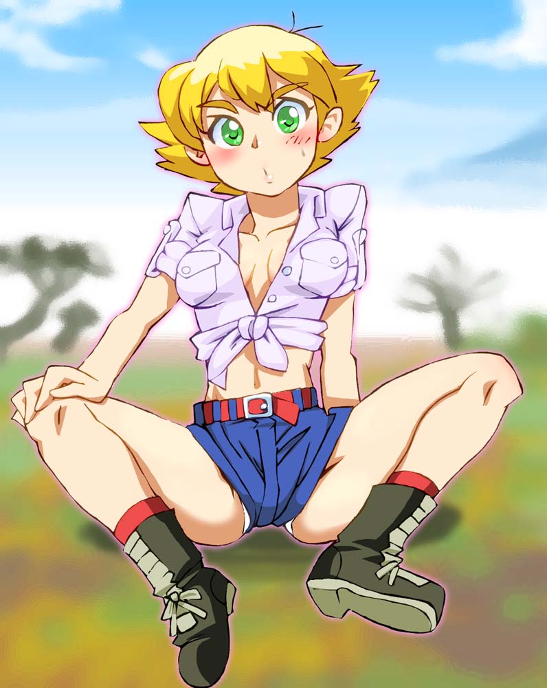 1girl :o blonde_hair blush breasts cleavage commentary_request daisougen_no_chiisana_tenshi_bush_baby female_focus front-tie_top graphite_(medium) green_eyes jacqueline_rhodes looking_at_viewer medium_breasts midriff millipen_(medium) navel no_bra onnaski open_clothes open_shirt pen_(medium) shirt short_hair short_shorts shorts sitting solo spread_legs tied_shirt traditional_media world_masterpiece_theater