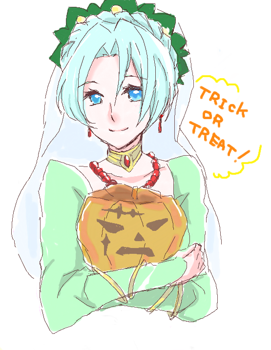 1girl aliasing aqua_hair blue_eyes bracelet braid breasts choker cleavage dress earrings english_text female_focus grune_(tales) jack-o&#039;-lantern jewelry light_smile necklace pumpkin short_hair simple_background smile solo tales_of_(series) tales_of_legendia text_focus trick_or_treat veil white_background