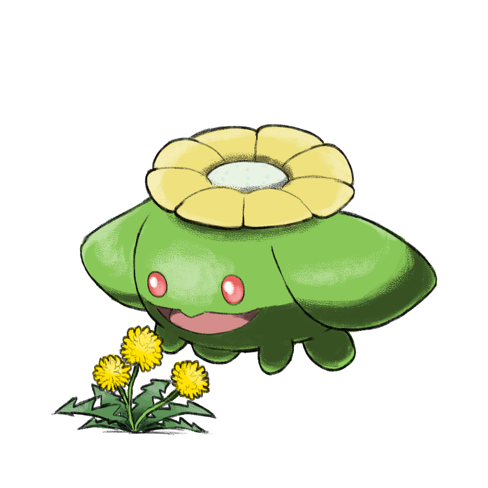 blacknirrow dandelion floating flower full_body gen_2_pokemon nintendo no_humans open_mouth pokemon pokemon_(creature) pokemon_focus red_eyes simple_background skiploom smile white_background yellow_flower