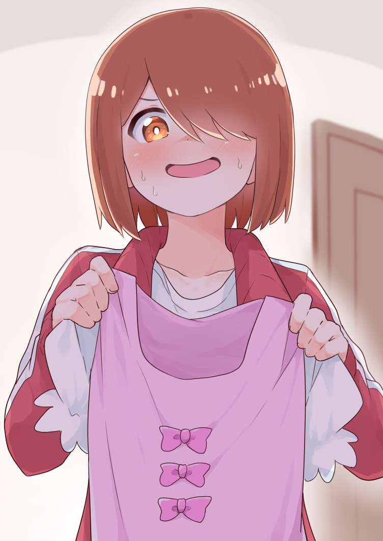 1girl brown_eyes brown_hair collarbone commentary_request cropped_torso hair_over_one_eye hoshino_miyako_(wataten) indoors jacket long_sleeves medium_hair mukunoki_nanatsu open_mouth red_jacket shirt smile solo standing sweat t-shirt track_jacket watashi_ni_tenshi_ga_maiorita! white_shirt