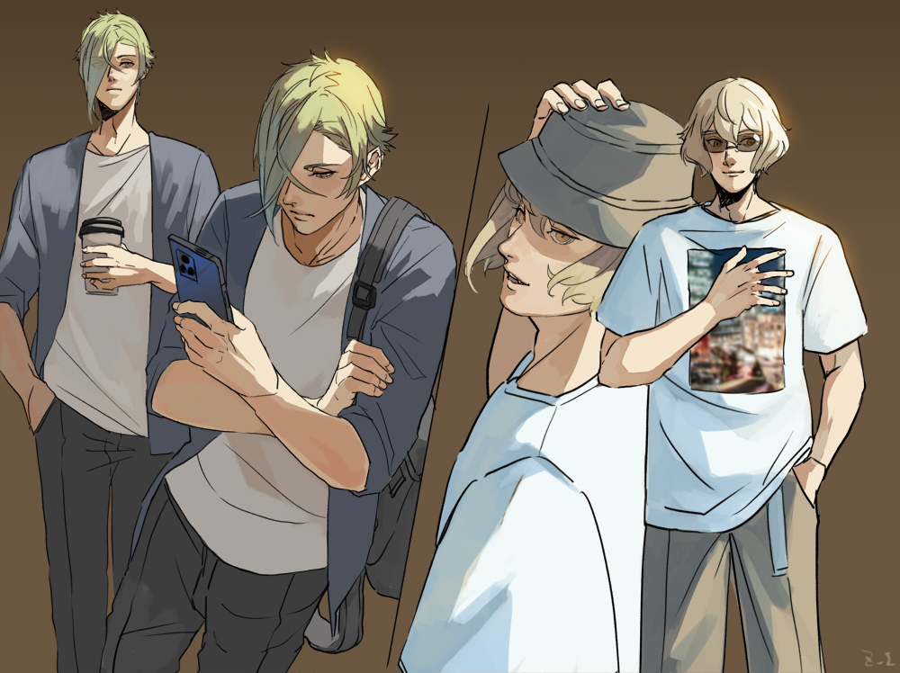 2boys alternate_costume black_pants blonde_hair brown_background brown_headwear bucket_hat cellphone chinese_commentary closed_mouth commentary_request cowboy_shot cup dated_commentary disposable_coffee_cup disposable_cup expressionless eyes_visible_through_hair green_hair hair_between_eyes hair_over_one_eye hat higekiri_(touken_ranbu) hizamaru_(touken_ranbu) holding holding_phone looking_at_viewer male_focus multiple_boys open_mouth pants phone shirt short_hair signature simple_background smartphone smile sunglasses t-shirt touken_ranbu white_shirt yellow_eyes zi_tsas