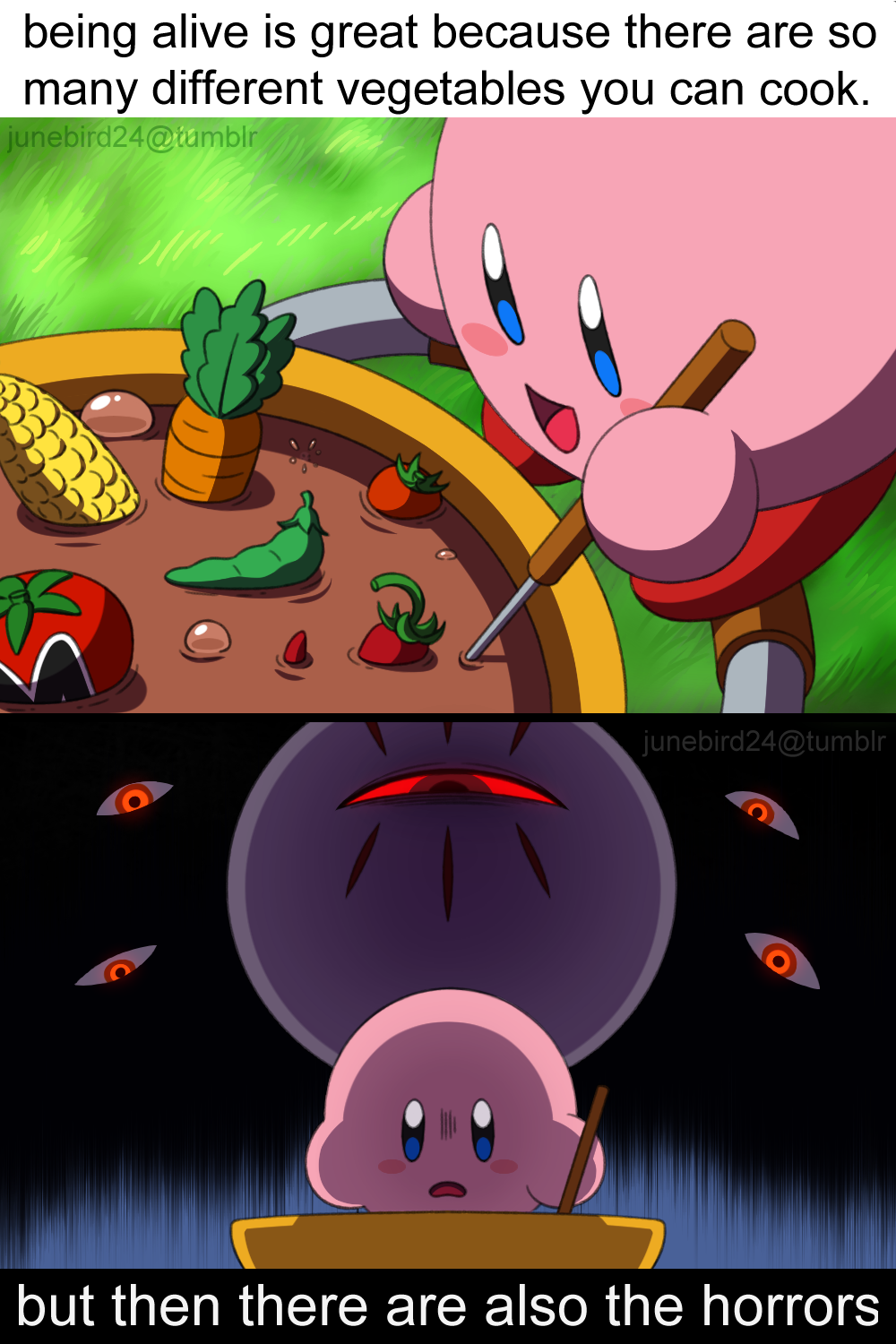 blush_stickers carrot cauldron chili_pepper colored_skin cooking corn corn_cob dark_matter_(kirby) highres jalapeno_pepper junebird24 kirby kirby&#039;s_dream_land_3 kirby_(series) maxim_tomato nintendo no_humans one-eyed pink_skin tumblr_username zero_(kirby)