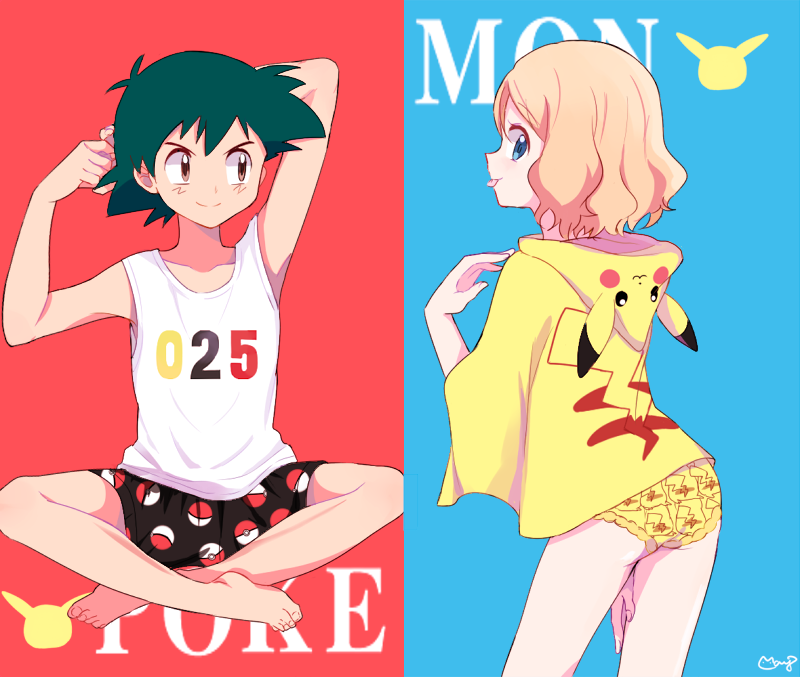 1boy 1girl :p animal_hood antenna_hair armpits arms_behind_head ash_ketchum ass bad_id bad_pixiv_id barefoot black_boxers black_hair black_male_underwear blue_background blue_eyes blush boxers brown_eyes brown_hair clothes_writing collarbone commentary_request copyright_name feet_out_of_frame from_behind gen_1_pokemon hand_on_thigh hood hood_down hoodie indian_style looking_at_viewer looking_back male_underwear medium_hair mei_(maysroom) multicolored_boxers multicolored_male_underwear multicolored_panties multicolored_underwear nintendo no_headwear no_pants panties pikachu pikachu_hood poke_ball poke_ball_print pokedex_number pokemon pokemon_(anime) pokemon_(creature) pokemon_print pokemon_xy_(anime) print_boxers print_hoodie print_male_underwear print_panties print_underwear red_background serena_(pokemon) shirt shirt_writing signature sitting sleeveless smile standing tank_top tongue tongue_out two-tone_background underwear white_shirt white_tank_top yellow_hoodie yellow_panties