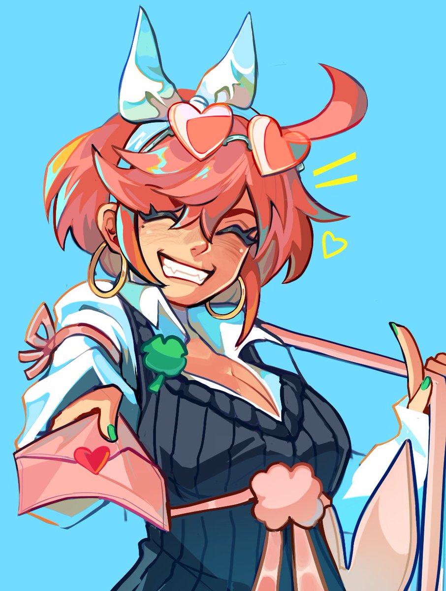 1girl ahoge alternate_costume blue_background blush borcheim breasts clover earrings elphelt_valentine eyewear_on_head four-leaf_clover green_nails grin guilty_gear guilty_gear_xrd hairband heart heart-shaped_eyewear highres hoop_earrings huge_ahoge jewelry large_breasts long_sleeves looking_at_viewer mole mole_under_eye pink_hair short_hair smile upper_body white_hairband