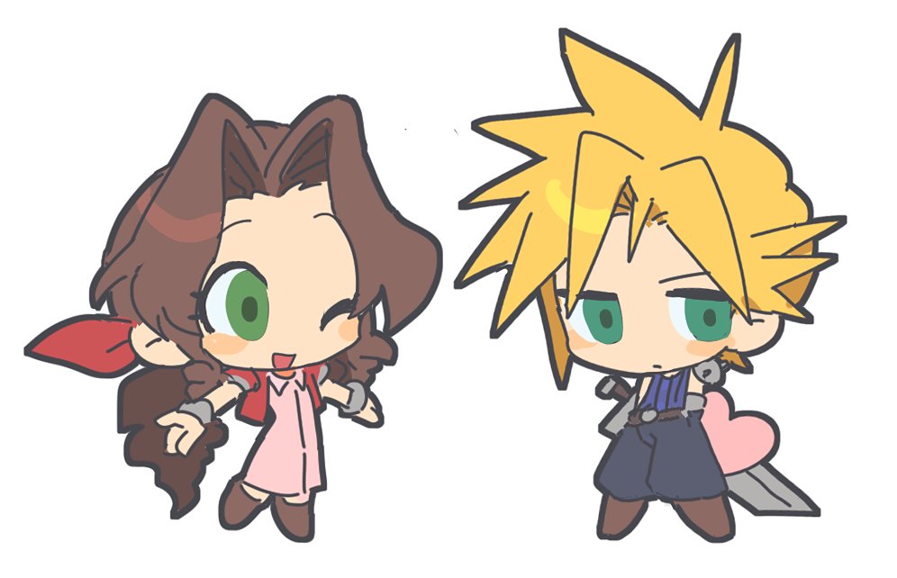 1boy 1girl aerith_gainsborough armor baggy_pants bangle blonde_hair blue_pants blue_shirt bracelet braid braided_ponytail brown_hair buster_sword chibi cloud_strife cropped_jacket dress final_fantasy final_fantasy_vii full_body green_eyes hair_ribbon jacket jewelry light_blush long_dress long_hair nt_26 one_eye_closed open_mouth outstretched_arms pants parted_bangs pauldrons pink_dress red_jacket red_ribbon ribbon shirt short_hair shoulder_armor sidelocks single_braid single_pauldron smile weapon weapon_on_back white_background
