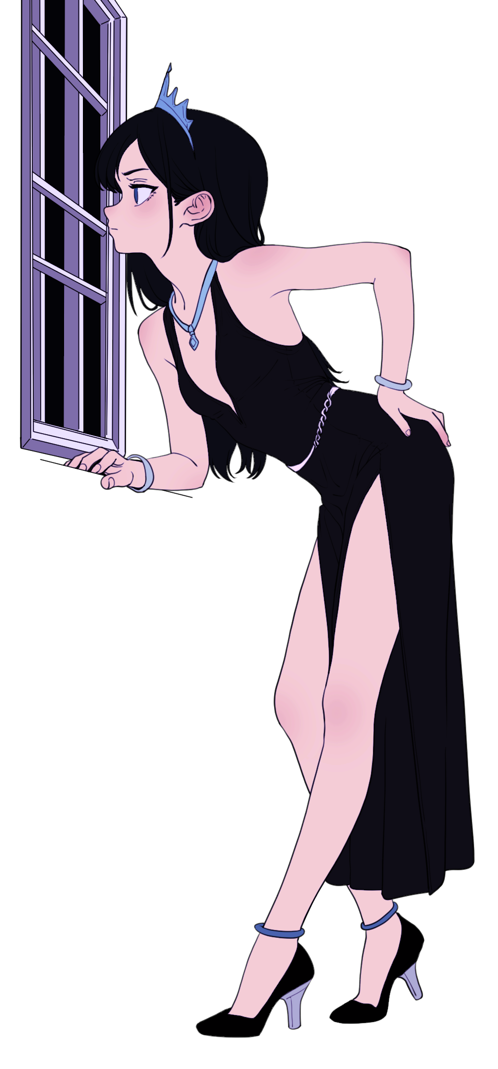 1girl bare_shoulders black_dress black_hair blue_eyes breasts dress full_body high_heels highres jewelry kingrun leaning_forward long_hair necklace original small_breasts solo tiara window
