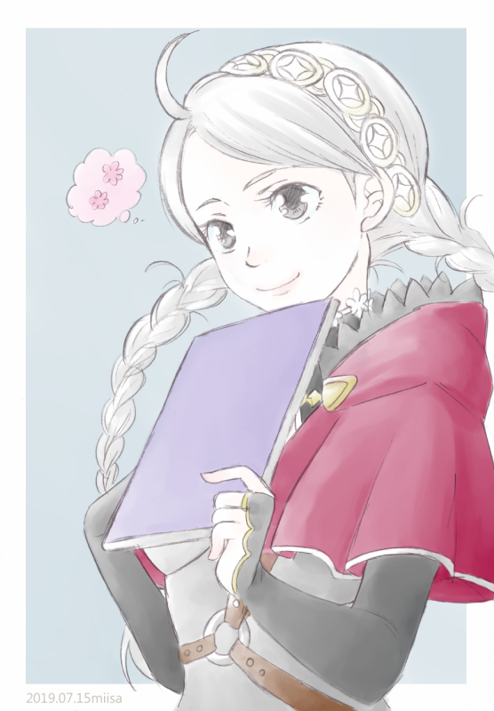 1girl ahoge black_bridal_gauntlets book braid bridal_gauntlets capelet choker fire_emblem fire_emblem_fates flower_choker grey_eyes hairband harness holding holding_book hood hooded_capelet leather long_hair low_twintails miisa nina_(fire_emblem) nintendo o-ring parted_bangs red_capelet red_hood turtleneck twin_braids twintails upper_body white_choker white_hair white_hairband