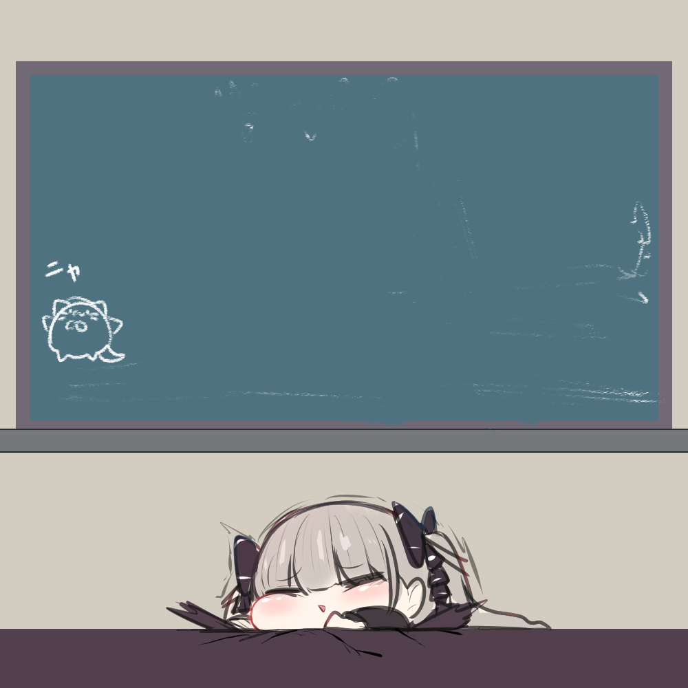 1girl akaoni_(zumt3548) azur_lane black_ribbon chalkboard chibi closed_eyes formidable_(azur_lane) formidable_(the_lover&#039;s_heart_flutters_on_duty)_(azur_lane) hair_ribbon long_hair meowfficer_(azur_lane) official_alternate_costume ribbon solo stuck very_long_hair