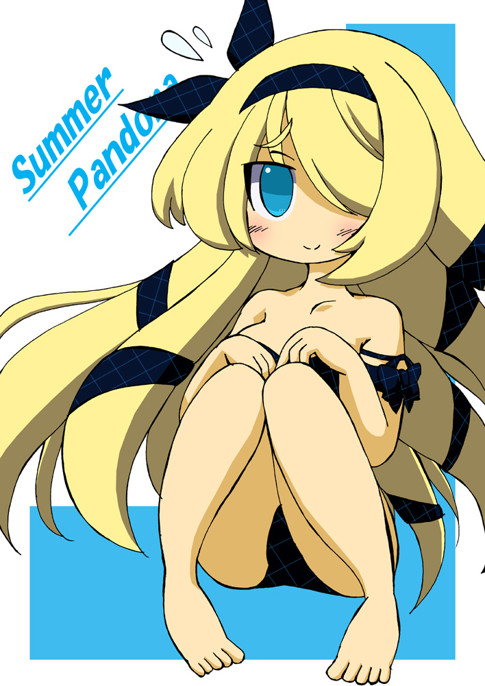 1girl arm_ribbon barefoot black_one-piece_swimsuit black_ribbon blonde_hair blue_eyes blush breasts collarbone flying_sweatdrops hair_over_one_eye hair_ribbon hairband lkagami long_hair looking_at_viewer medium_breasts one-piece_swimsuit pandora_(p&amp;d) plaid_clothes plaid_one-piece_swimsuit plaid_ribbon puzzle_&amp;_dragons ribbon sitting smile summer swimsuit very_long_hair white_background