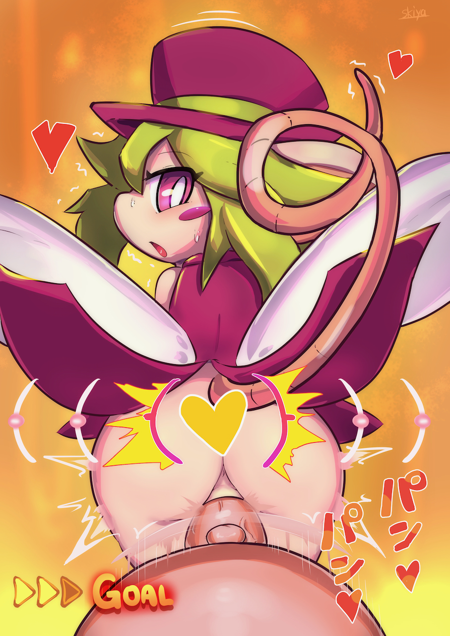 1girl animal_ears blush_stickers from_behind gameplay_mechanics green_hair hat heart hetero highres leotard mad_rat_dead mob_rat_(mad_rat_dead) mouse_(animal) mouse_ears mouse_girl mouse_tail nippon_ichi rat_god red_eyes sex sukiya_(sukiya84432252) tail top_hat vaginal wings