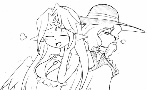 2girls angel cameko_(camel) camel_(dansen) crossover closed_eyes female_focus hat ilias lowres mon-musu_quest! monochrome multiple_girls open_mouth original pointy_ears wings