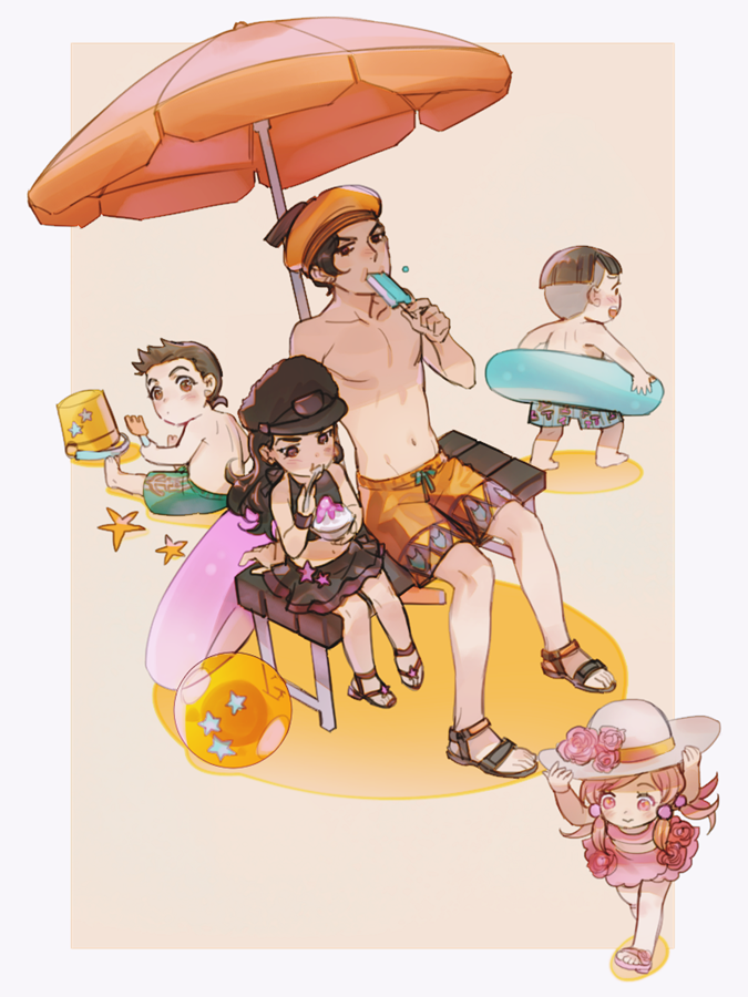 2girls 3boys aged_down ball beach_umbrella beachball blue_male_swimwear blue_swim_trunks bucket drawstring green_male_swimwear green_swim_trunks hat higashikata_joshu hirose_yasuho inflatable_toy innertube jojo_no_kimyou_na_bouken jojolion kira_yoshikage_(jojolion) kuujou_josefumi male_swimwear multiple_boys multiple_girls nijimura_kei orange_male_swimwear orange_swim_trunks reammara sandals starfish sun_hat swim_ring swim_trunks swimsuit umbrella