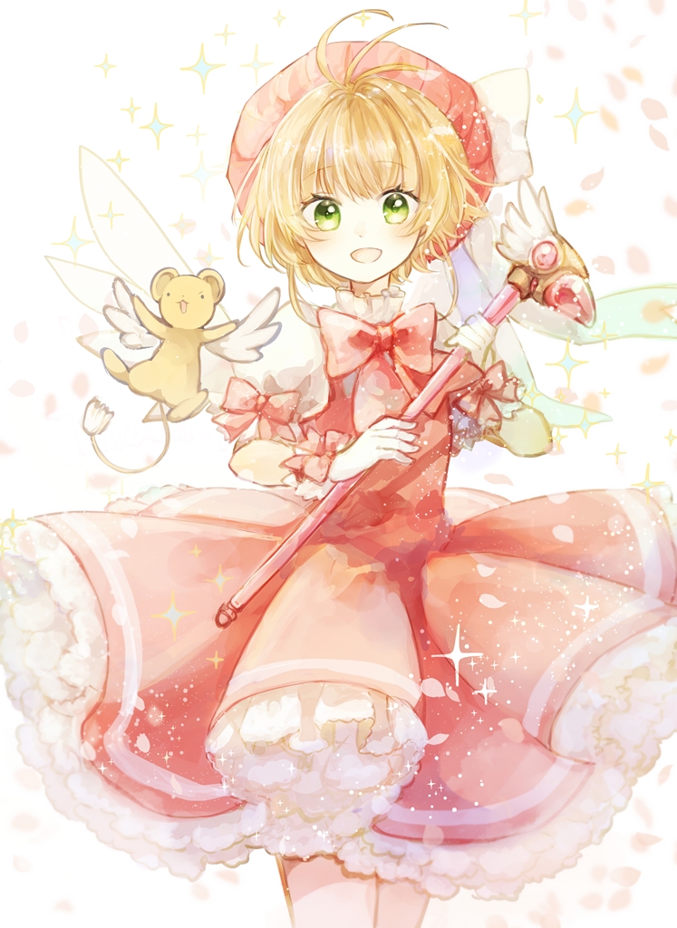 1girl :d ahoge akikaze_(pokekinokokikaku) animal animal_ears blonde_hair bow cardcaptor_sakura clamp_(circle)_(style) collar collared_dress creature dress frilled_dress frills gradient_eyes green_eyes hair_ornament kero_(cardcaptor_sakura) kinomoto_sakura kinomoto_sakura_(magician) lion_cub lion_ears looking_at_viewer multicolored_eyes open_mouth petals pink_bow pink_dress pink_headwear puffy_short_sleeves puffy_sleeves short_hair short_sleeves simple_background smile tail wand white_background white_collar white_wings wings