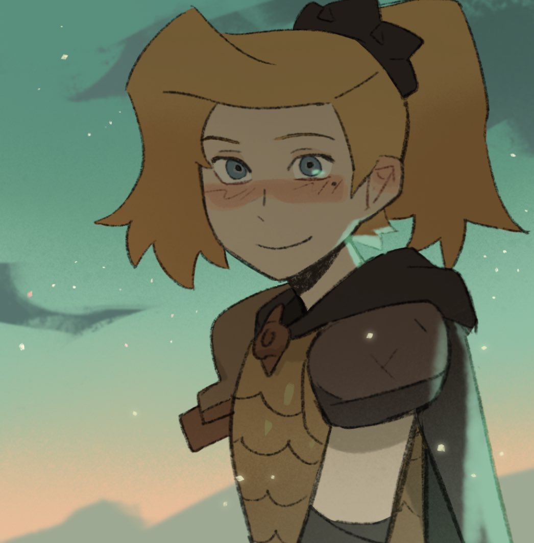 1girl amphibia armor asymmetrical_bangs blonde_hair blue_eyes blush breastplate cape closed_mouth hair_ornament hair_scrunchie hsffff4444 mole mole_under_eye night night_sky ponytail sasha_waybright scrunchie shoulder_armor sky smile star_(sky) toad_armor_(amphibia) upper_body