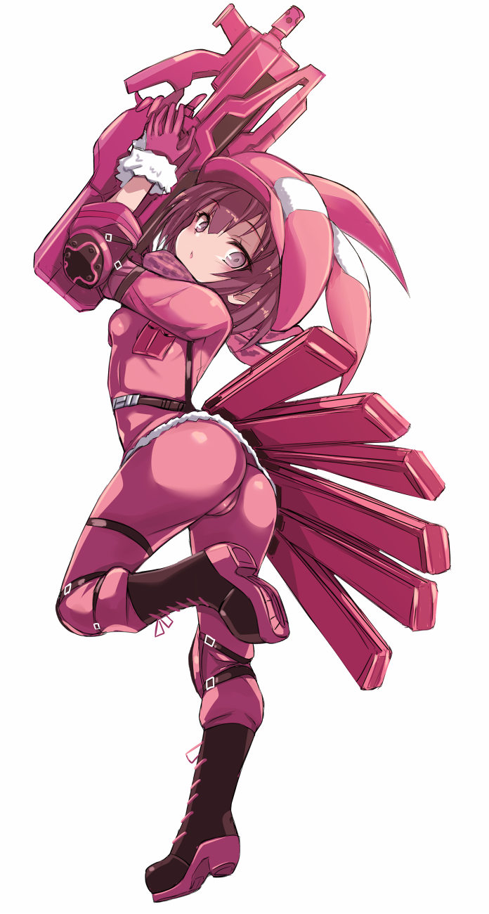 1girl animal_ears animal_hat arms_up ass black_boots boots breasts brown_hair bullpup cabbie_hat fake_animal_ears from_side full_body fur-trimmed_gloves fur_trim gloves grey_eyes gun hair_between_eyes hat highres holding holding_gun holding_weapon jacket karukan_(monjya) lace-up_boots llenn_(sao) long_sleeves p90 pants parted_lips pink_gloves pink_hat pink_jacket pink_pants rabbit_ears shoe_soles simple_background small_breasts solo standing standing_on_one_leg submachine_gun sword_art_online sword_art_online_alternative:_gun_gale_online weapon white_background