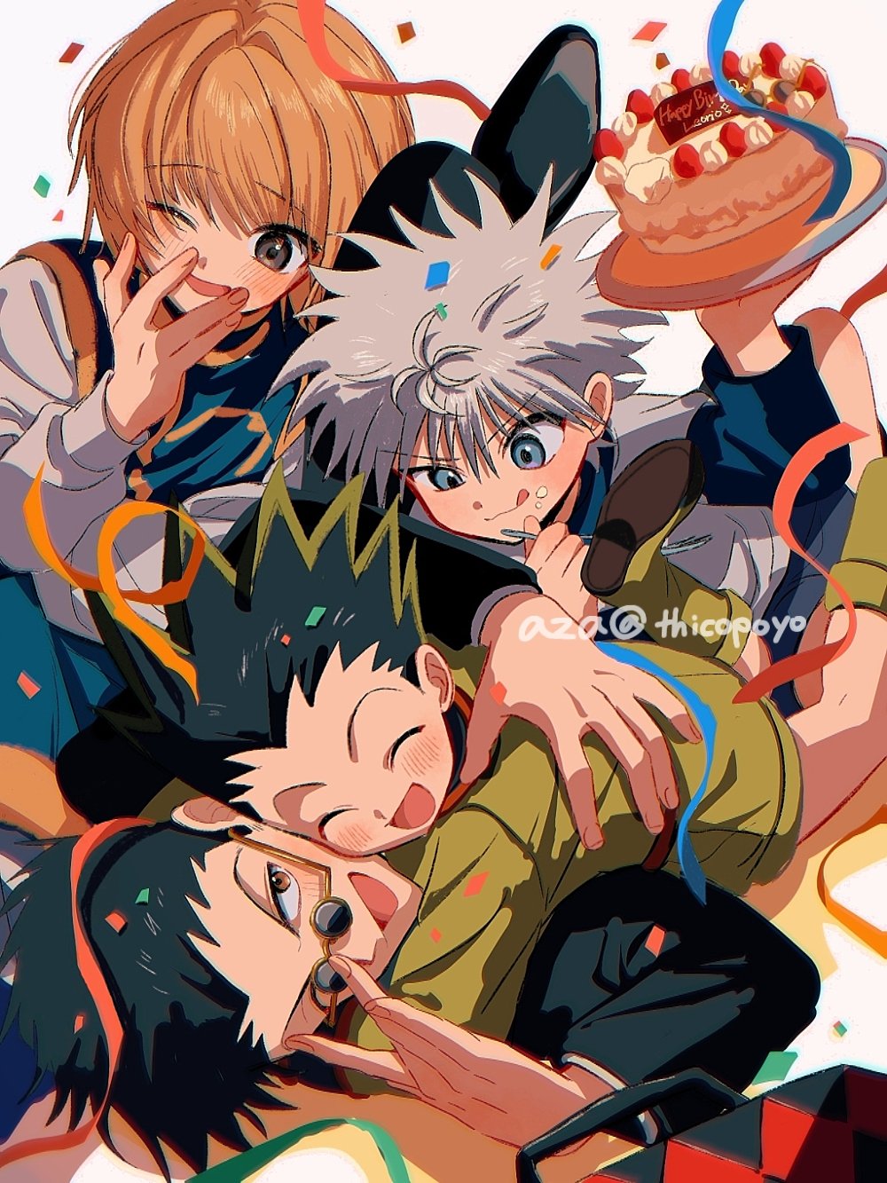 4boys birthday_cake black_hair black_suit blonde_hair blue_eyes blush cake closed_eyes confetti food food_on_face formal_clothes glasses gon_freecss green_shirt grey_hair highres holding holding_plate hunter_x_hunter killua_zoldyck kurapika leorio_paladiknight male_focus multiple_boys one_eye_closed open_mouth plate shirt smile streamers suit thicopoyo tongue tongue_out twitter_username yellow_eyes