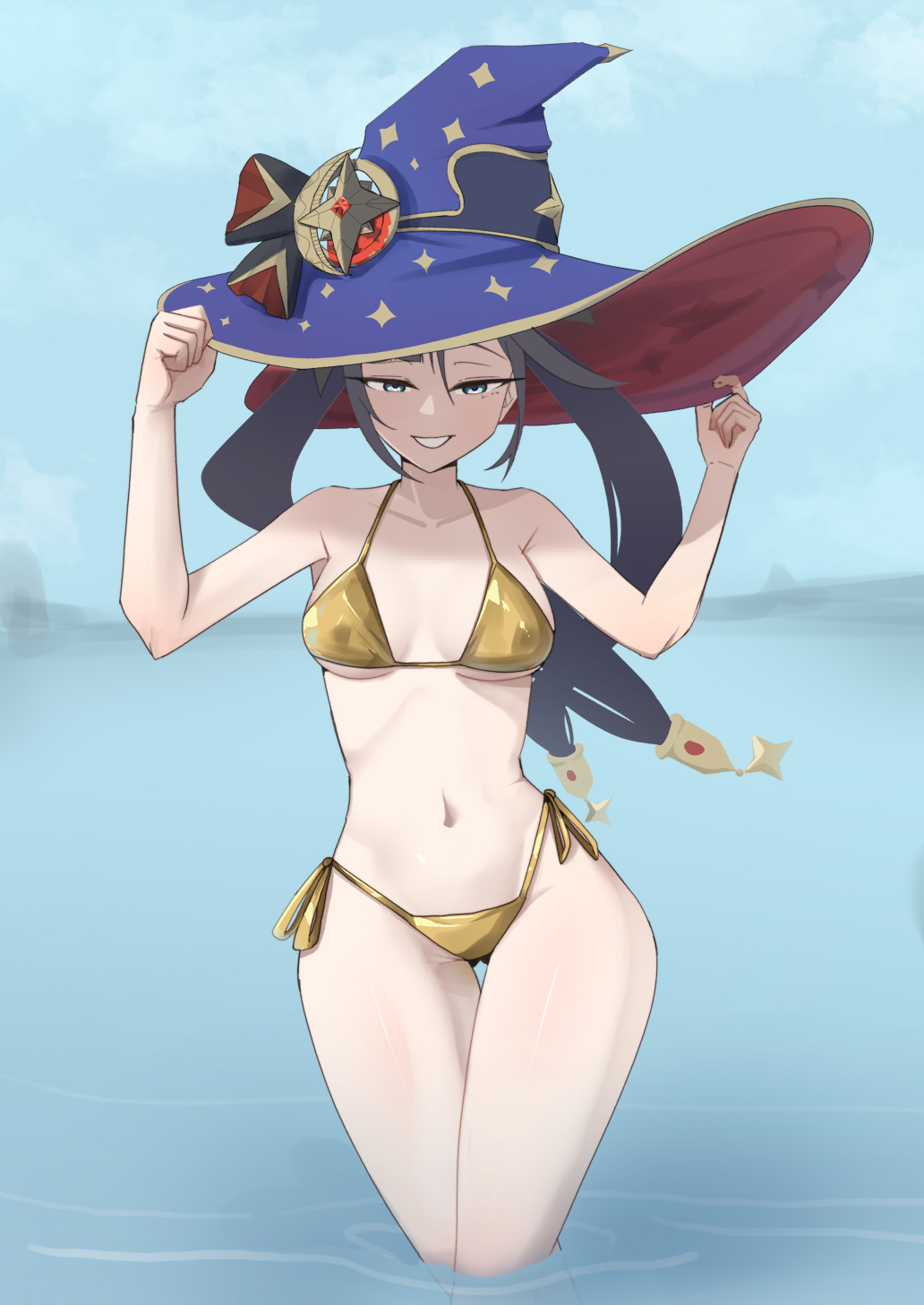 1girl bikini black_hair blue_background breasts crescent crescent_pin genshin_impact gold_bikini green_eyes hair_ornament highres long_hair mona_(genshin_impact) navel ocean original pointy_hat ramus5s smile solo stomach swimsuit teeth thighs twintails