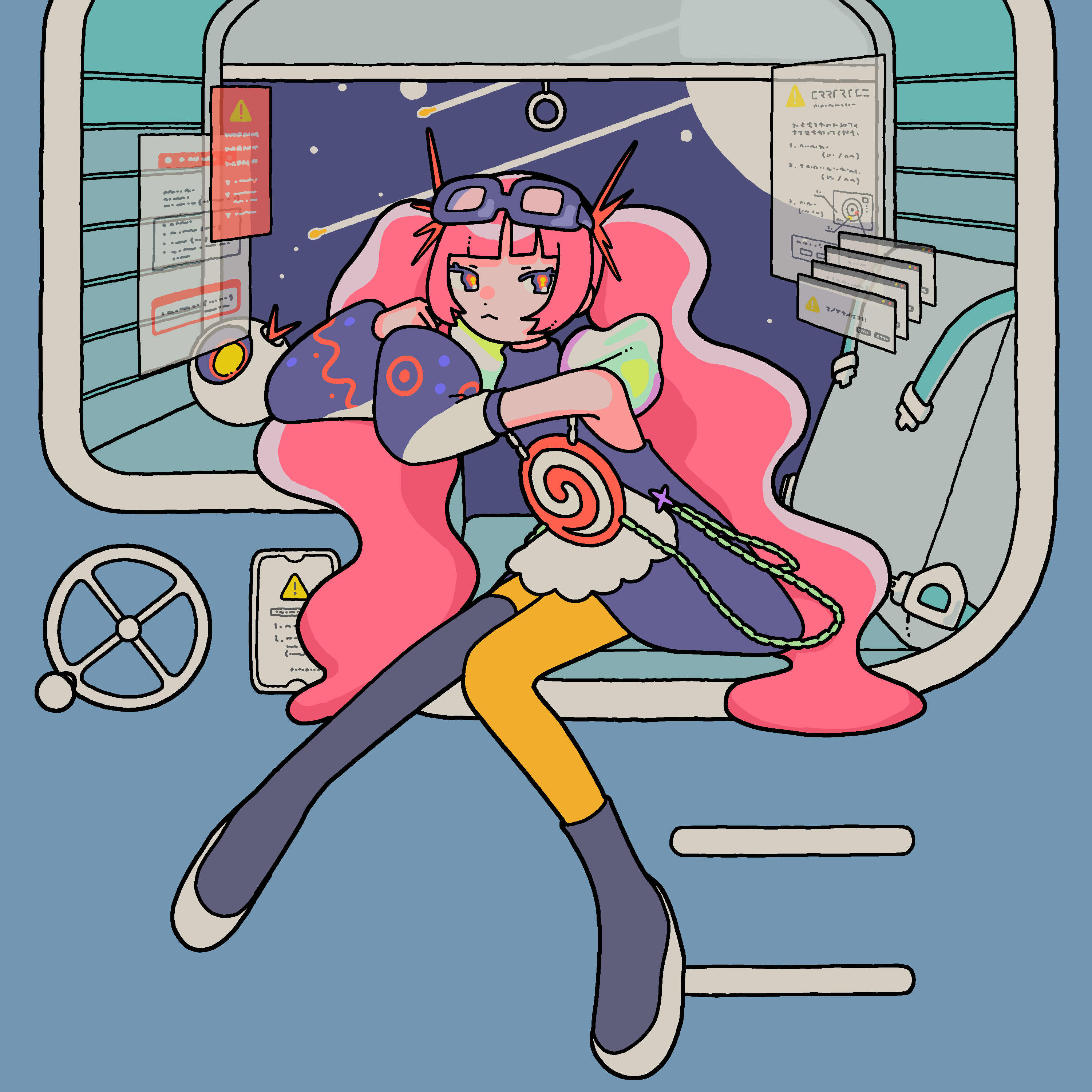 1girl :&lt; absurdres arm_rest asymmetrical_footwear black_boots blue_dress blue_eyes blue_sleeves blunt_bangs boots closed_mouth cockpit commentary_request crank detached_sleeves dress error_message full_body goggles goggles_on_head hands_up highres holographic_interface kaf_(kamitsubaki_studio) kamitsubaki_studio knee_boots knees_together_feet_apart long_hair looking_at_viewer multicolored_eyes pantyhose planet red_eyes seatbelt shooting_star shuujuu_misobata single_knee_boot single_thigh_boot sitting sleeveless sleeveless_dress solo thigh_boots twintails uneven_footwear very_long_hair virtual_youtuber wavy_eyes window_(computing) yellow_pantyhose yellow_pupils