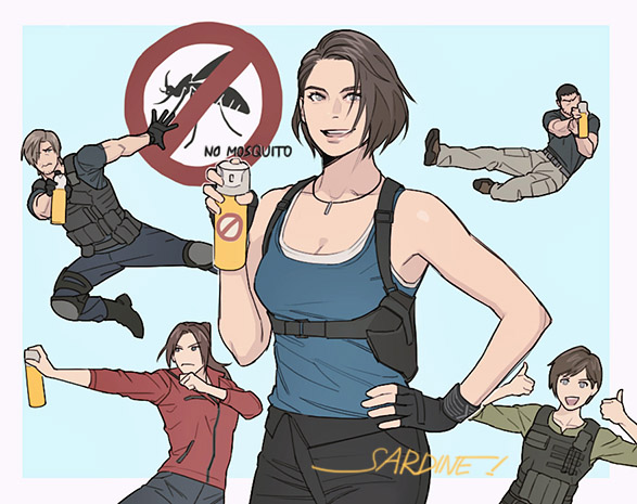 2boys 3girls artist_name black_gloves blue_background blue_shirt brown_hair bug bug_spray bulletproof_vest chris_redfield claire_redfield fingerless_gloves gloves insect jacket jewelry jill_valentine knee_pads leon_s._kennedy mosquito multiple_boys multiple_girls necklace pants rebecca_chambers red_jacket resident_evil resident_evil:_death_island sardine_(kjr0313) shirt signature simple_background