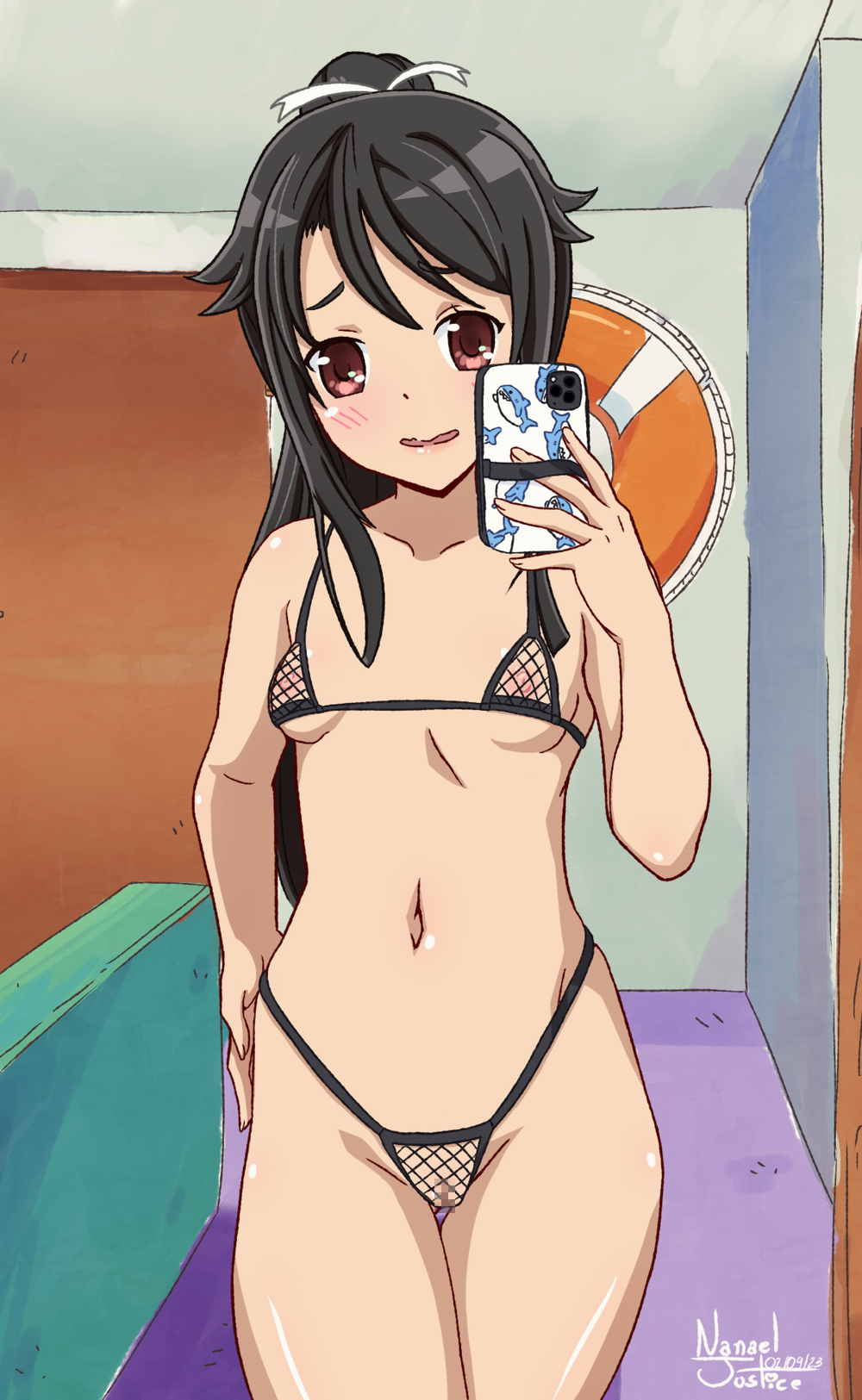 1girl 2023 artist_name bikini black_hair blush breasts cellphone censored commission cowboy_shot dated female_focus hair_ornament hair_ribbon high_school_fleet highres holding holding_phone indoors long_hair micro_bikini mosaic_censoring munetani_mashiro nanaeljustice navel nipples open_mouth phone pussy red_eyes ribbon selfie signature small_breasts smartphone solo stomach swimsuit white_ribbon