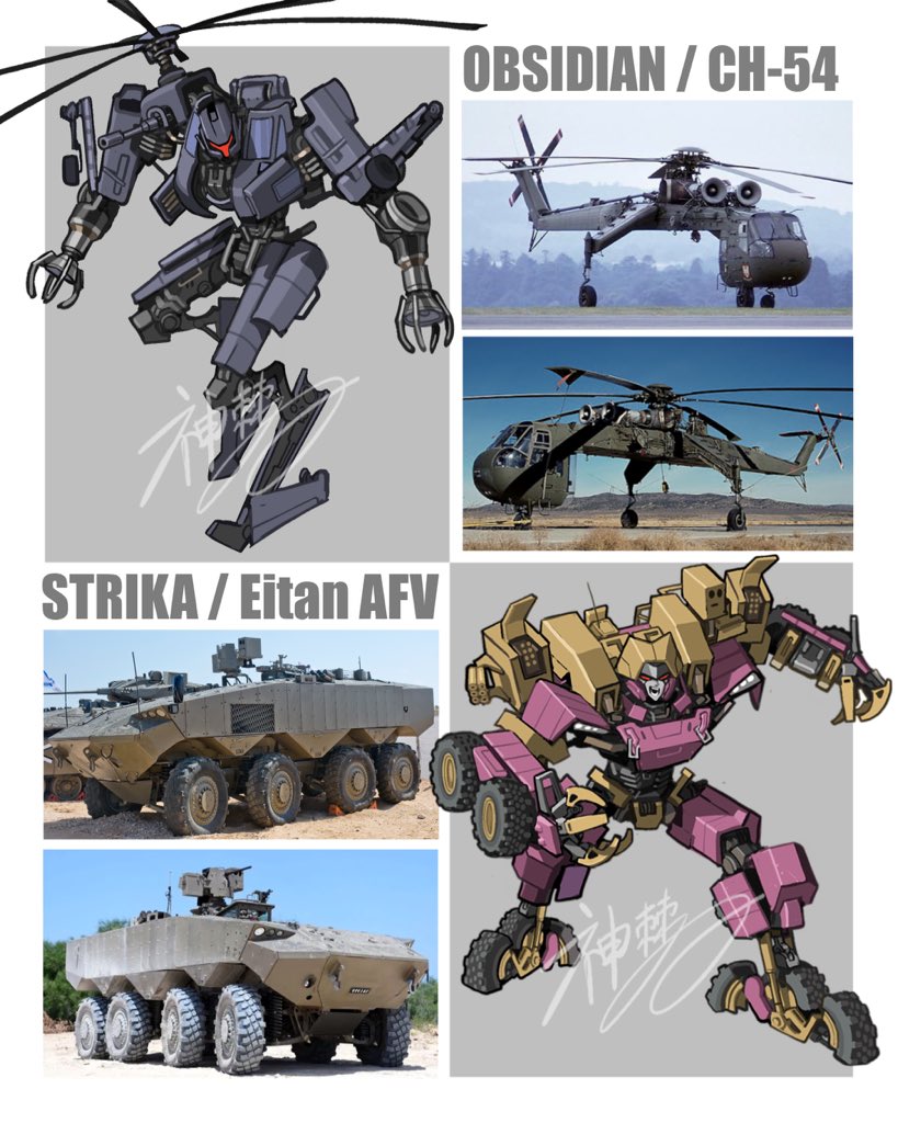 1boy 1girl aircraft armored_fighting_vehicle armored_personnel_carrier armored_vehicle beast_machines beast_wars claws commentary eitan_afv english_commentary helicopter kamitoge_supino looking_down mecha military military_vehicle motor_vehicle no_humans obsidian_(transformers) open_hands open_mouth photo_(medium) photo_inset propeller red_eyes redesign reference_inset robot sikorsky_ch-54 strika transformers turret visor wheel