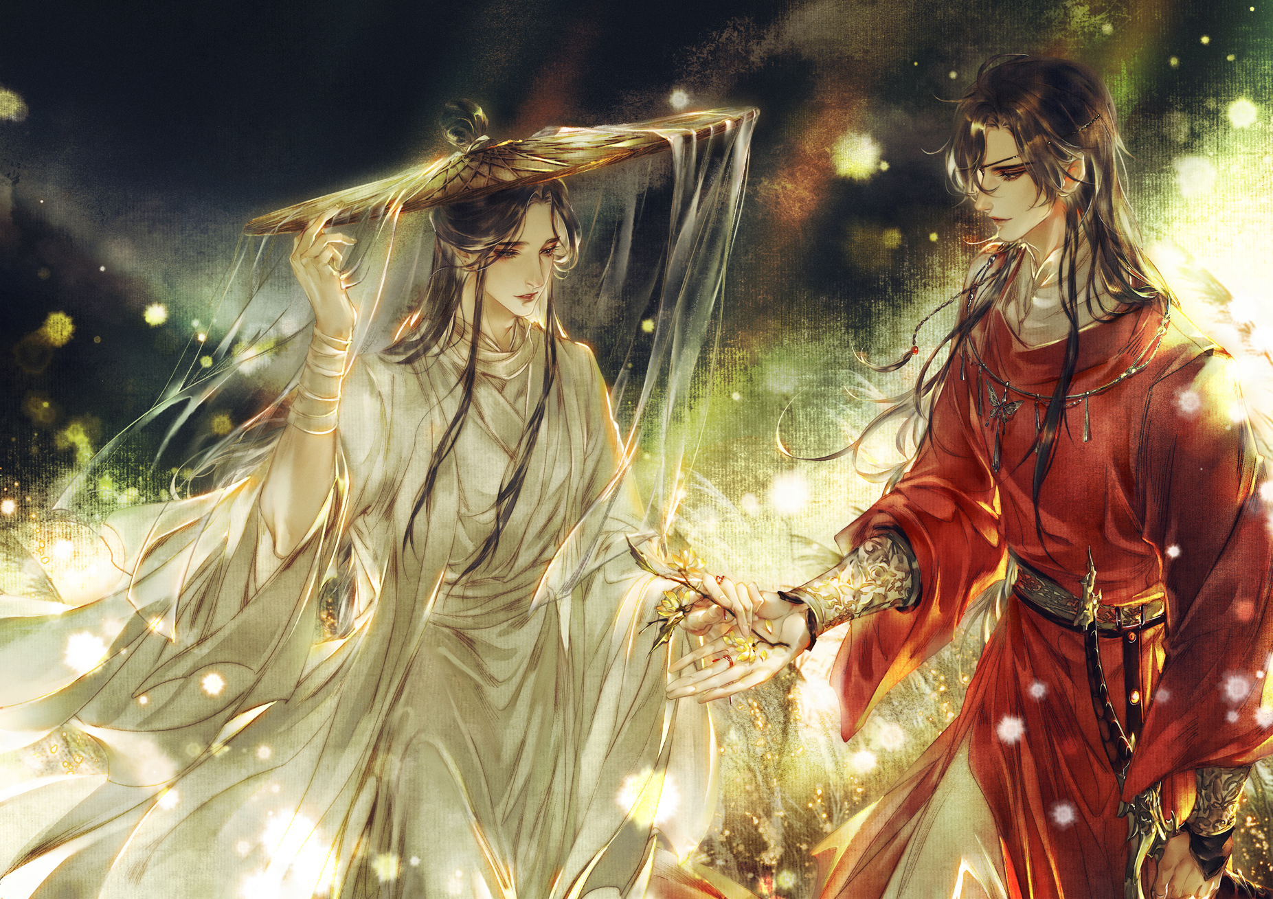 2boys bandaged_arm bandages bishounen black_hair branch chinese_clothes eyepatch fireflies hand_up hanfu hat highres holding holding_branch holding_hands holding_sword holding_weapon hua_cheng jewelry light_particles long_hair long_sleeves looking_at_another male_focus multiple_boys necklace night outdoors pointy_ears red_hanfu robe smile standing starember straw_hat sword tianguan_cifu topknot upper_body veil weapon weimao white_hanfu wide_sleeves xie_lian yaoi yuanlingpao