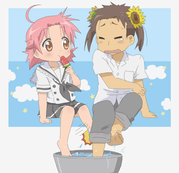 00s 1boy 1girl barefoot basin brown_eyes brown_hair flower food josephine-843 kogami_akira lucky_star pink_hair popsicle shiraishi_minoru short_hair sitting soaking_feet submerged sunflower tears twintails water watermelon_bar