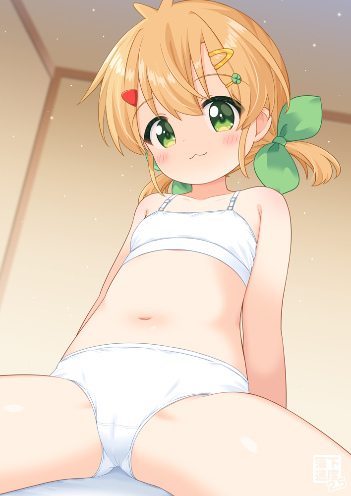 1girl bra breasts comiket_106 commentary_request green_eyes hair_ornament hairclip loli navel original panties pila-pela small_breasts solo twintails underwear underwear_only white_bra white_panties