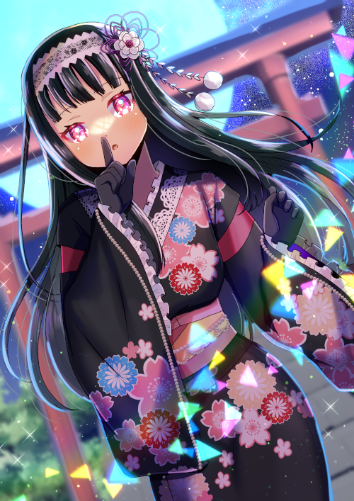 1girl :o black_gloves black_hair black_kimono blue_moon blurry blurry_background character_request commentary_request commission depth_of_field dutch_angle floral_print frilled_sleeves frills full_moon gloves hairband hand_up index_finger_raised japanese_clothes kimono kou_hiyoyo long_hair long_sleeves looking_at_viewer moon night night_sky obi outdoors parted_lips phantasy_star phantasy_star_online_2 phantasy_star_online_2_new_genesis print_kimono purple_eyes sash skeb_commission sky sleeves_past_wrists solo stairs star_(sky) starry_sky stone_stairs torii very_long_hair white_hairband wide_sleeves