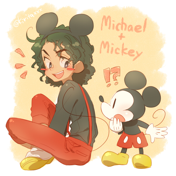 !? 1boy black_hair black_shirt blush_stickers character_name cosplay crossover disney full_body gloves kiri_futoshi looking_at_another male_focus michael_jackson mickey_mouse mickey_mouse_&amp;_friends mickey_mouse_(cosplay) mickey_mouse_ears open_mouth pants real_life red_pants shirt shoes sitting surprised teeth twitter_username upper_teeth_only white_gloves yellow_shoes