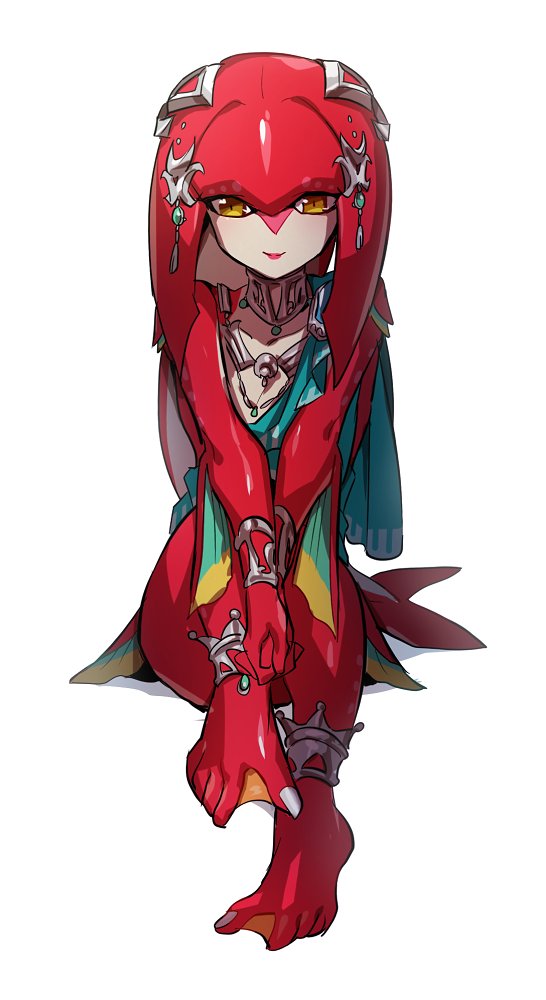 1girl anklet collar fish_girl jewelry knees_up mipha necklace nekobayashi_(nekoforest) nintendo sitting smile solo the_legend_of_zelda the_legend_of_zelda:_breath_of_the_wild webbed_feet white_background yellow_eyes zora