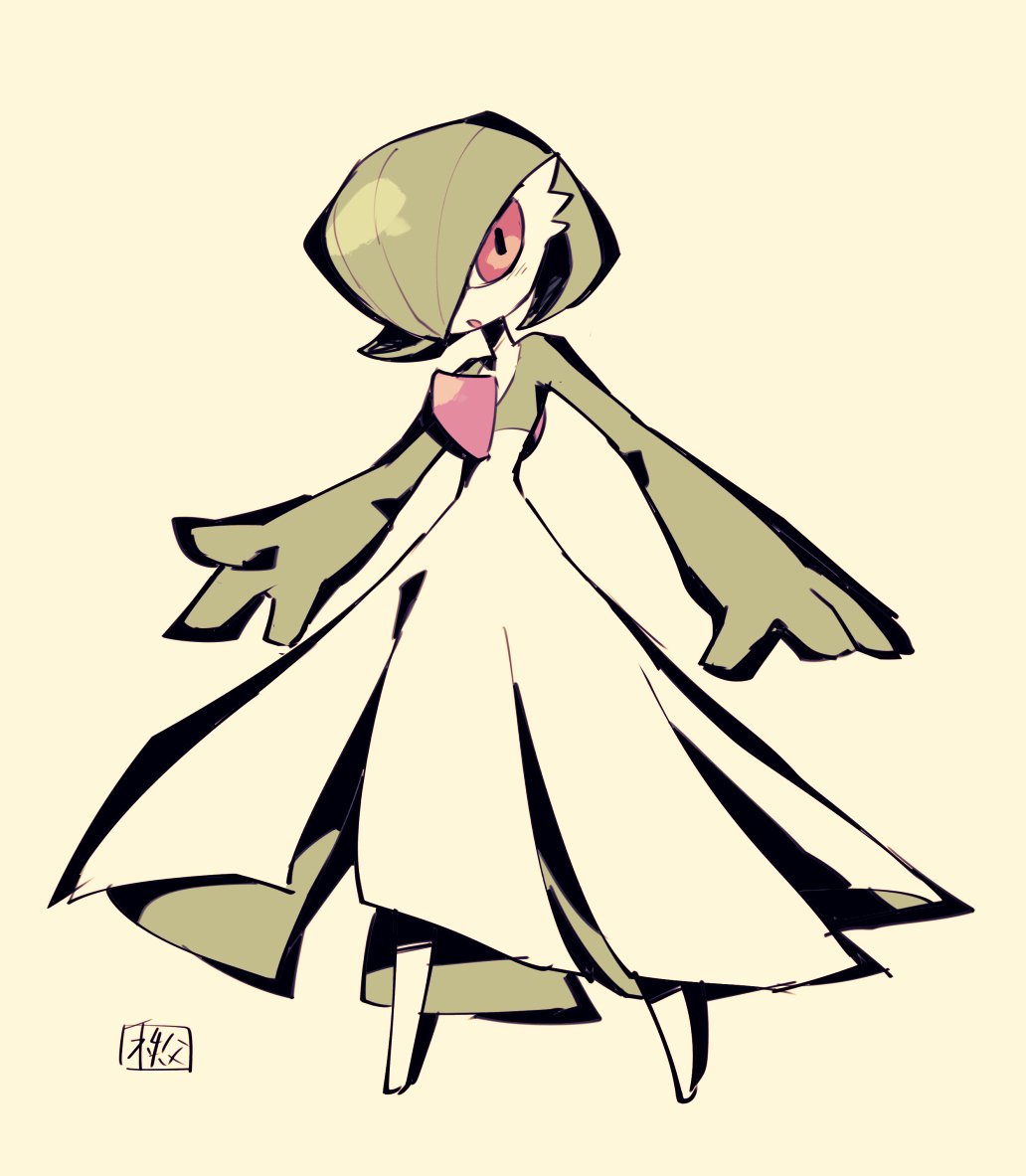 bob_cut chichibu_(watson) colored_skin dress gardevoir gen_3_pokemon green_hair green_skin hair_over_one_eye multicolored_skin nintendo parted_lips pink_eyes pokemon pokemon_(creature) signature simple_background two-tone_skin white_dress white_skin