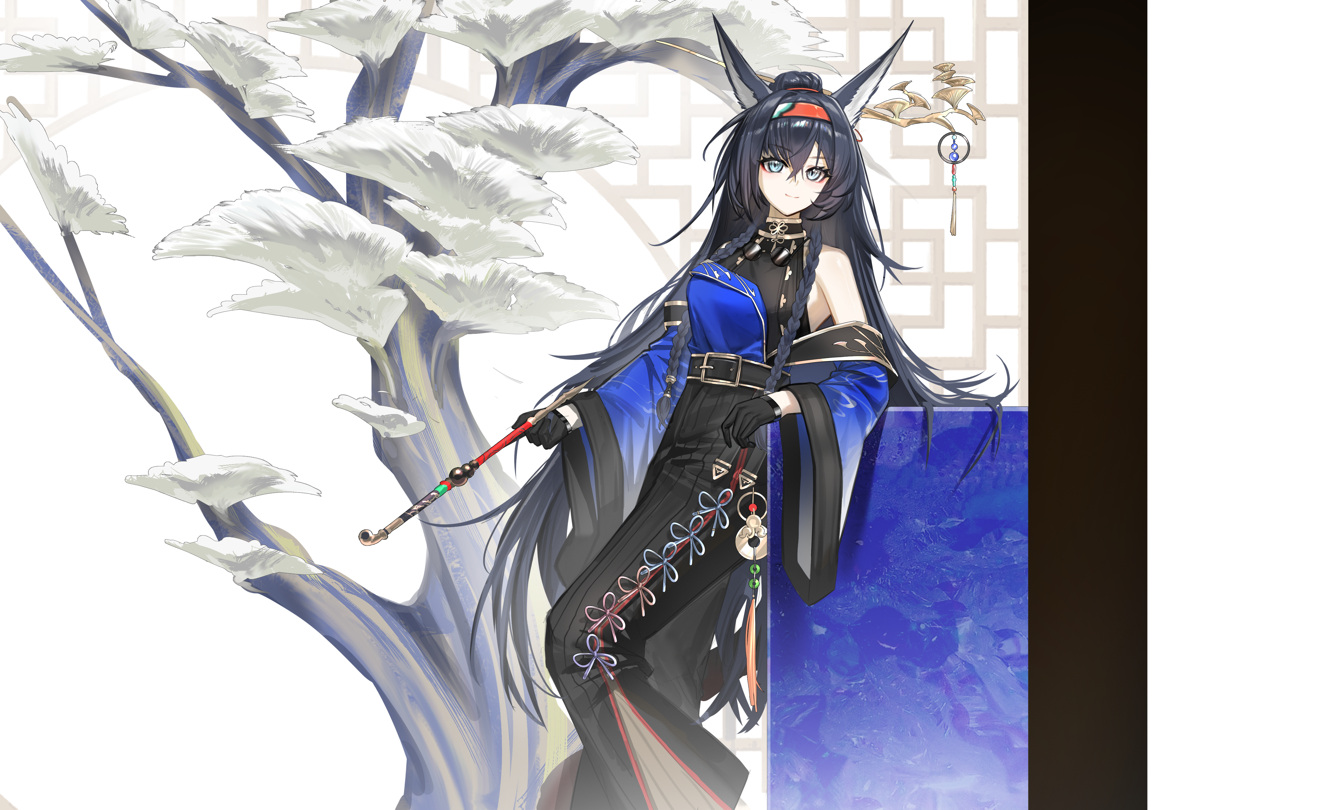 1girl absurdres ambience_synesthesia animal_ears arknights belt black_belt black_gloves black_hair blaze_(arknights) blue_eyes breasts chinese_clothes gloves highres long_hair looking_at_viewer shale smile solo very_long_hair wide_sleeves