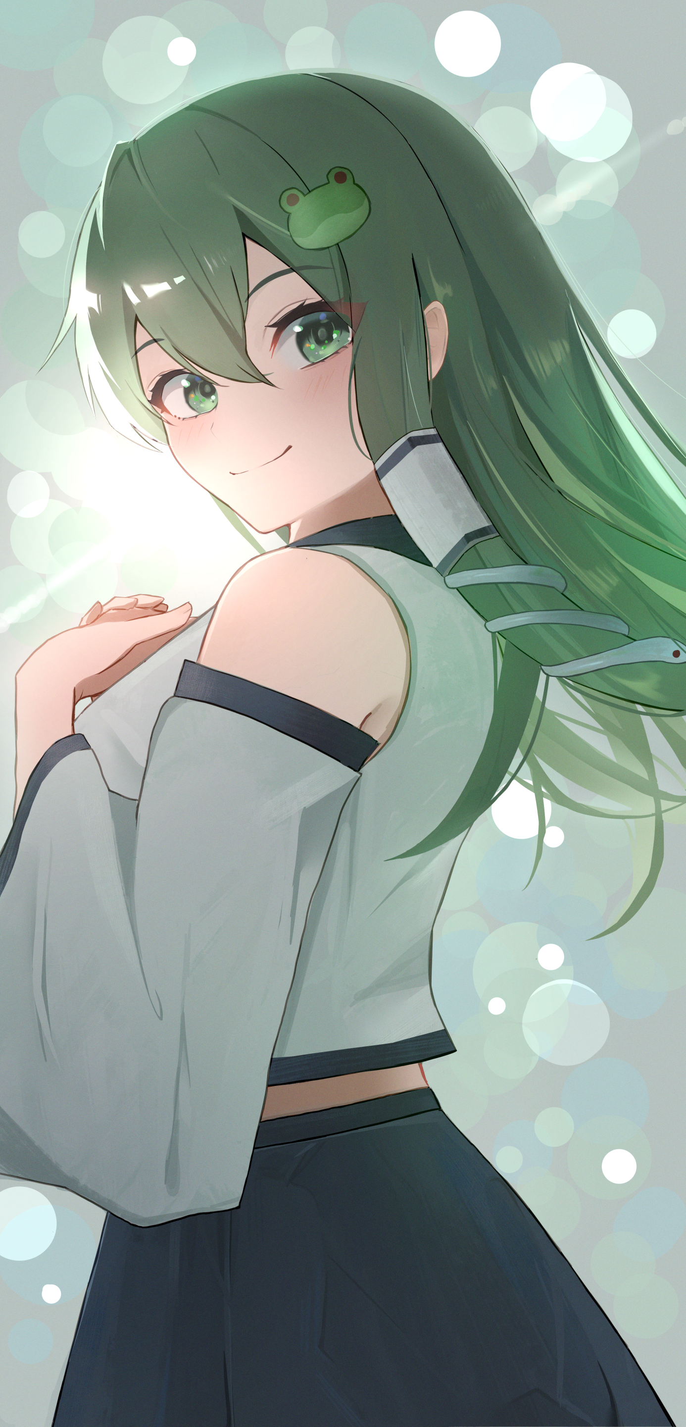 1girl absurdres bare_shoulders blue_skirt blurry bokeh closed_mouth commentary cowboy_shot depth_of_field detached_sleeves frog_hair_ornament green_eyes green_hair hair_ornament hair_tubes hands_on_own_chest highres kochiya_sanae long_hair looking_at_viewer looking_back own_hands_together palulap shirt single_hair_tube skirt sleeveless sleeveless_shirt smile snake_hair_ornament solo sunlight touhou white_shirt white_sleeves wide_sleeves