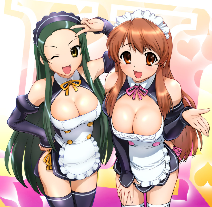 2girls amane_(dream_c_club) amane_(dream_c_club)_(cosplay) apron asahina_mikuru bare_shoulders black_thighhighs breasts brown_eyes brown_hair cleavage cosplay detached_sleeves dream_c_club dream_c_club_(cosplay) dream_c_club_(series) fang futaba_riho futaba_riho_(cosplay) gotou_yuuko green_hair large_breasts long_hair maid_headdress mole mole_on_breast multiple_girls neck_ribbon one_eye_closed revision ribbon suzumiya_haruhi_no_yuuutsu thighhighs tsuruya ueyama_michirou v very_long_hair voice_actor_connection white_thighhighs wink