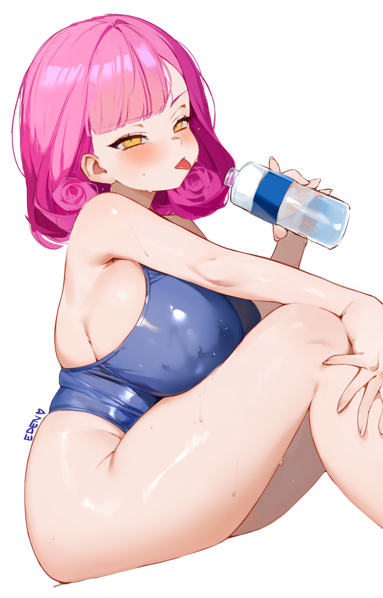 1girl artist_name bare_shoulders blue_one-piece_swimsuit blush bottle breasts closed_mouth commentary eden_(shiroki_yuutsu) english_commentary flower-shaped_hair highres holding holding_bottle huge_breasts knees_up looking_at_viewer medium_hair one-piece_swimsuit original pink_hair plump shiny_skin simple_background sitting solo sweat swimsuit thighs tongue tongue_out vanilla_(eden_(shiroki_yuutsu)) water_bottle white_background yellow_eyes
