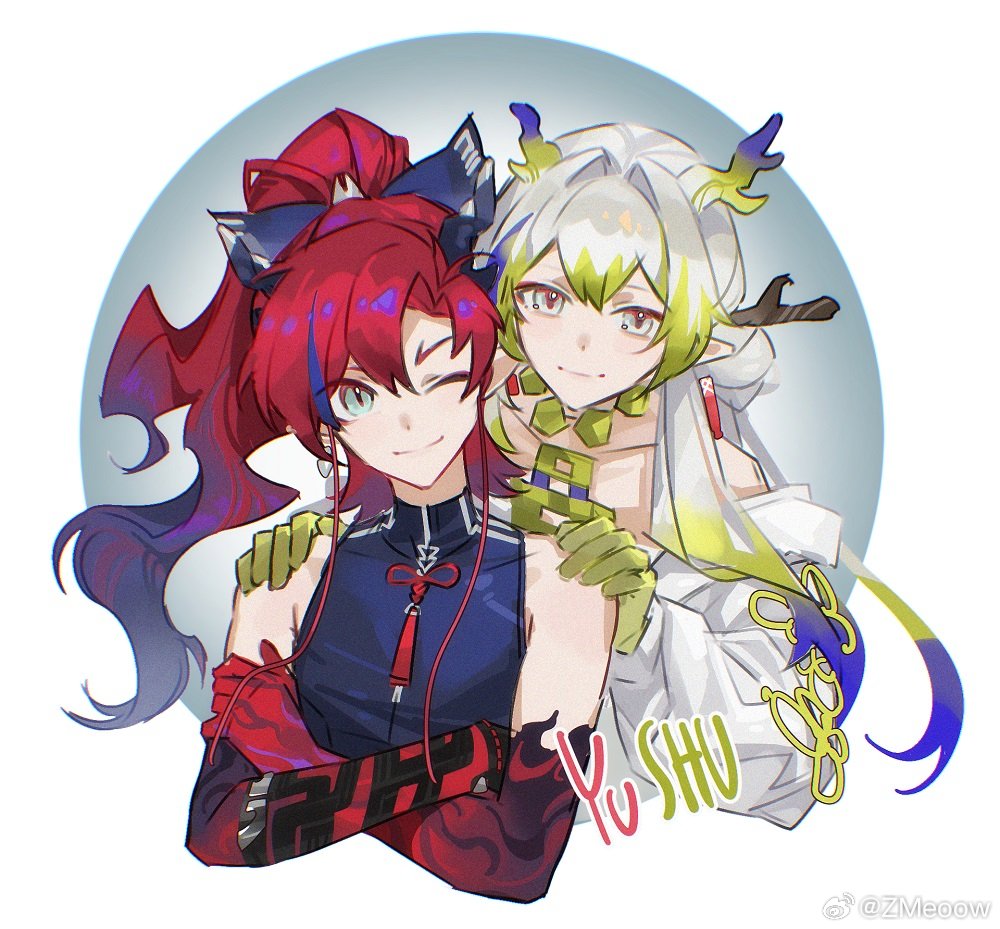 1boy 1girl ;) arknights bare_shoulders black_shirt blonde_hair blue_hair border brother_and_sister closed_mouth colored_extremities cropped_torso crossed_arms dragon_girl dragon_horns earrings green_eyes grey_eyes hair_between_eyes hair_intakes hands_on_another&#039;s_shoulders horns jacket jewelry long_hair long_sleeves looking_at_viewer multicolored_hair necklace one_eye_closed outside_border pointy_ears ponytail purple_hair red_hair shirt shu_(arknights) siblings sleeveless sleeveless_shirt smile streaked_hair white_border white_hair white_jacket yu_(arknights) zmeoow