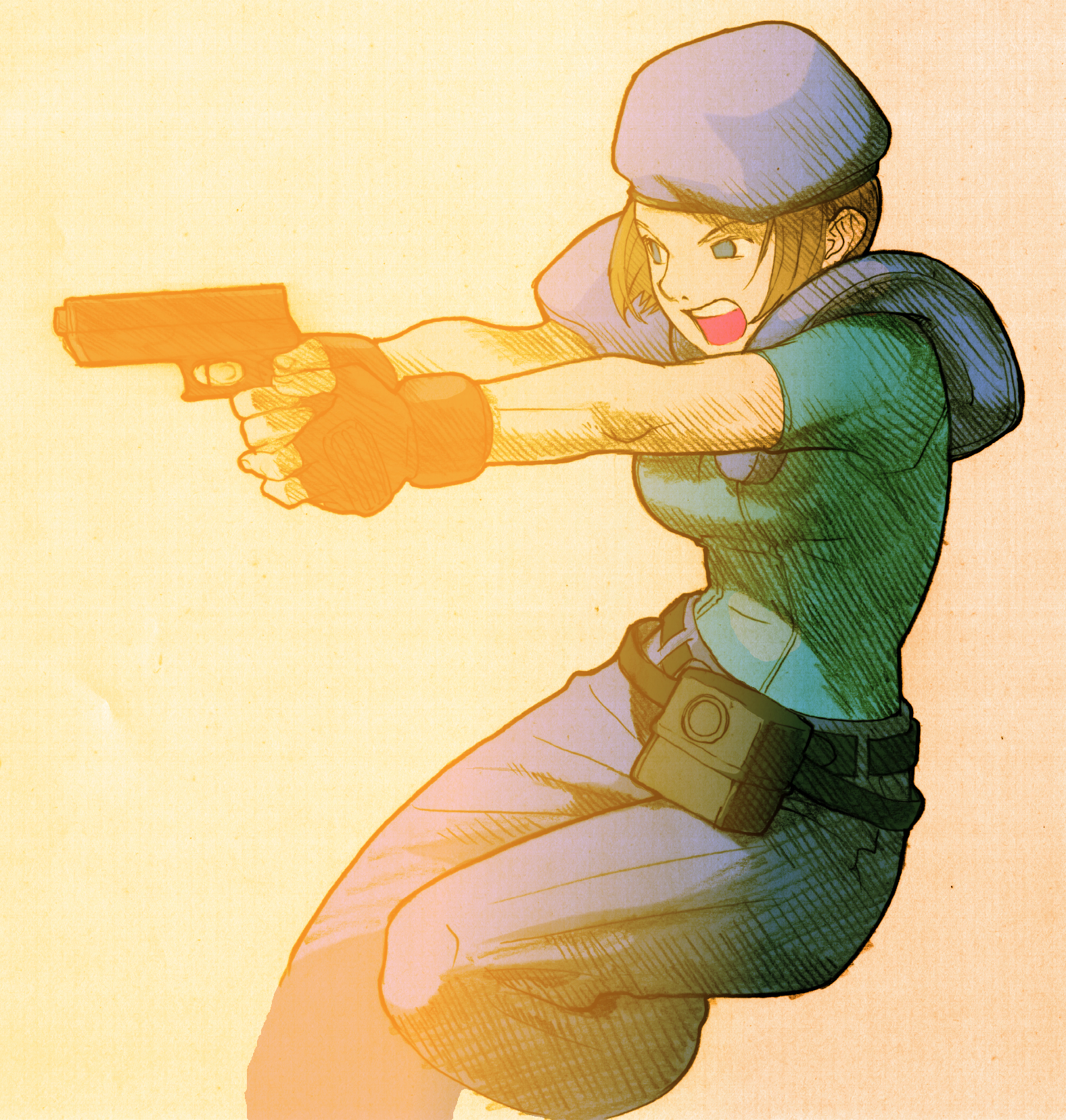 1girl aiming angry armor belt bengus beret black_belt black_boots black_gloves blue_eyes blue_pants blue_shirt boots bracer breasts brown_hair buckle capcom combat_boots emblem facing_to_the_side fingerless_gloves full_body game_cg gloves gun handgun hat highres holding holding_gun holding_weapon jill_valentine leg_up loose_belt marvel_vs._capcom marvel_vs._capcom_2 medium_breasts multiple_belts non-web_source official_art open_mouth pants parted_lips police police_uniform policewoman pouch resident_evil resident_evil_1 scan shirt short_hair short_sleeves shoulder_pads sidelighting simple_background solo standing star_(symbol) sweatdrop teeth traditional_media weapon