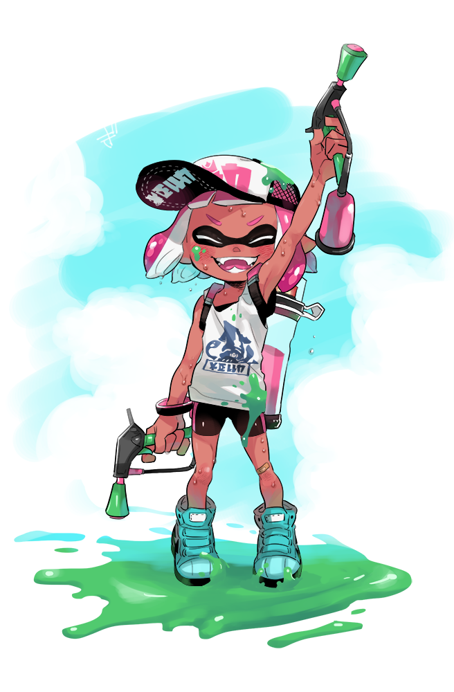 1girl arm_up armpits bandaid bandaid_on_knee bandaid_on_leg baseball_cap bike_shorts black_shorts blue_shoes blush bracelet closed_eyes commentary_request dark-skinned_female dark_skin dual_wielding facing_viewer fangs flat_chest full_body hakinikui_kutsu_no_mise hat high_tops holding holding_weapon ink_tank_(splatoon) inkling inkling_girl inkling_player_character jewelry nintendo open_mouth paint_splatter paint_splatter_on_face pink_hair pointy_ears puddle shoes short_hair shorts sideways_hat smile sneakers solo splat_dualies_(splatoon) splatoon_(series) splatoon_2 standing sweat tank_top tentacle_hair weapon white_hat white_tank_top