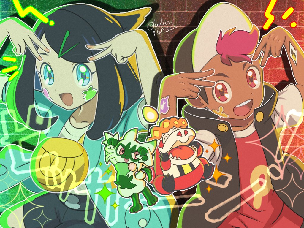 1boy 1girl aqua_coat bag black_hair black_hat black_vest blue_eyes brick_wall coat cowlick crocalor double_inward_v double_v eyelashes floragato hair_ornament hairclip hands_up hat hood hood_down hooded_vest hoodie inward_v jacket liko_(pokemon) looking_at_viewer multicolored_hair nintendo notice_lines open_clothes open_jacket open_mouth pokemon pokemon_(anime) pokemon_(creature) pokemon_horizons red_eyes red_hair roy_(pokemon) runachikku shirt shorts smile sparkle sticker sticker_on_arm sticker_on_face swept_bangs t-shirt teeth tongue twitter_username upper_teeth_only v vest white_shirt yellow_bag