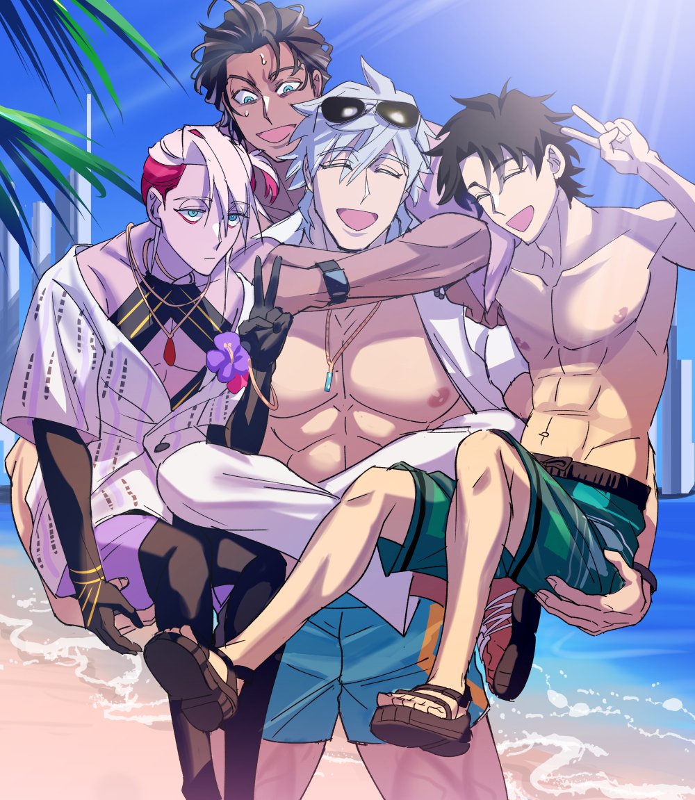 4boys abs aviator_sunglasses bartholomew_roberts_(fate) bartholomew_roberts_(smiley_summer_wear)_(fate) beach black_hair blue_eyes bv_illust carrying carrying_multiple_people carrying_person chest_jewel closed_eyes collarbone cowboy_shot expressionless eyewear_on_head fate/grand_order fate_(series) feet_out_of_frame flower fujimaru_ritsuka_(male) full_body gold_necklace hibiscus jewelry karna_(fate) karna_(summer_outfit)_(fate) looking_down male_focus male_swimwear multicolored_hair multiple_boys navel necklace ocean official_alternate_costume official_alternate_hairstyle pectorals percival_(fate) percival_(summer_knight_outfit)_(fate) piggyback red_hair sand sandals shirt skyline smile standing streaked_hair sunglasses sweat swim_trunks two-tone_hair v white_hair white_shirt