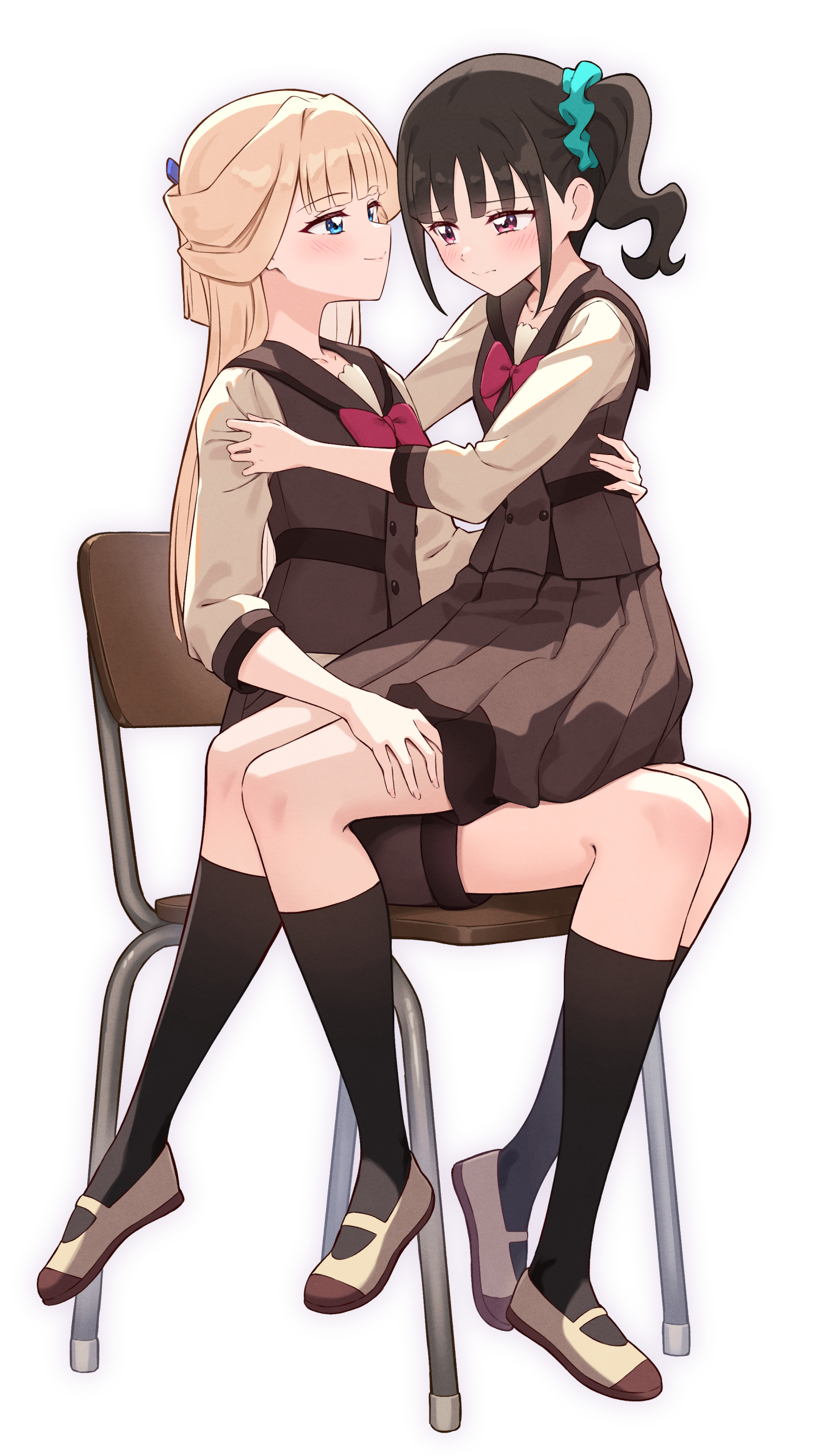 2girls absurdres black_hair blonde_hair blue_eyes blush bow bowtie chair highres hug long_hair looking_at_another multiple_girls nekoyashiki_mayu nekoyashiki_yuki nuenue pink_eyes precure pulling_another's_clothes school_uniform shoes simple_background sitting sitting_on_person skirt smile socks white_background wonderful_precure! yuri