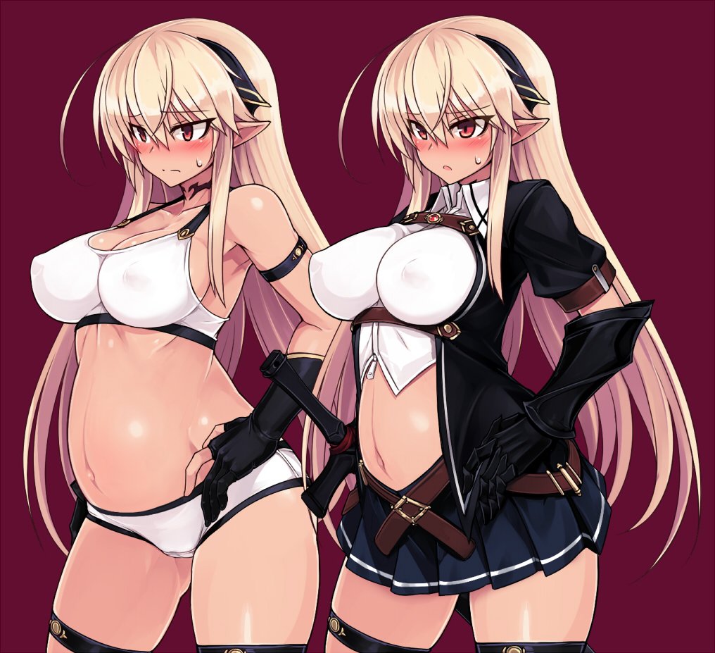 1girl blonde_hair blush bra breasts cleavage elbow_gloves fingerless_gloves gloves hairband large_breasts lilia_(null) long_hair midriff multiple_views navel nose_blush null_(nyanpyoun) open_mouth original panties pointy_ears pregnant red_eyes skirt sweatdrop thigh_strap underwear