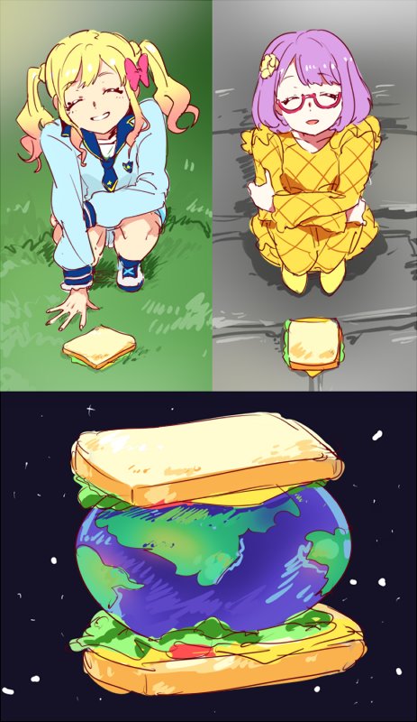 2girls :d ^_^ aikatsu!_(series) aikatsu_stars! bad_id bad_twitter_id blonde_hair blue_dress bow closed_eyes dress earth_(planet) facing_viewer food glasses grass hair_bow long_hair long_sleeves multiple_girls multiple_views nanakura_koharu nijino_yume open_mouth oversized_object pink_hair planet purple_hair red-framed_eyewear sailor_collar sandwich school_uniform semi-rimless_eyewear shiontaso short_hair smile space squatting stone_floor twintails under-rim_eyewear what yellow_dress yotsuboshi_academy_school_uniform