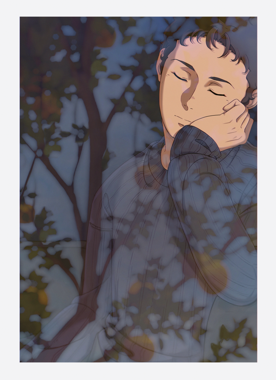 1boy black_sweater border brown_hair closed_eyes closed_mouth enelous fruit_tree gundam gundam_hathaway&#039;s_flash hand_on_own_cheek hand_on_own_face hathaway_noa head_rest highres indoors long_sleeves male_focus short_hair sleeping solo sweater tree upper_body very_short_hair white_border